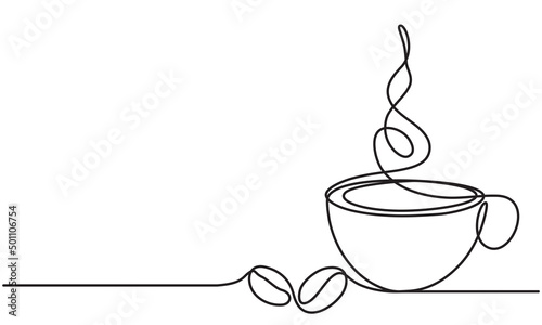 Cup of coffee and coffee bean. Hot. Aroma of coffee. Continuous line drawing.