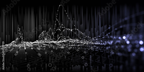 Abstract technology background with wireframe graph from dotted on black. Visual presentation of analytics lines algorithms. Big Data. Banner for business, science and technology.