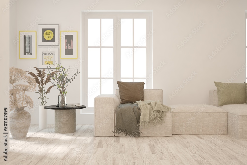 White living room with sofa. Scandinavian interior design. 3D illustration White living room with sofa. Scandinavian interior design. 3D illustration