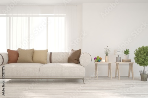 White living room with sofa. Scandinavian interior design. 3D illustration