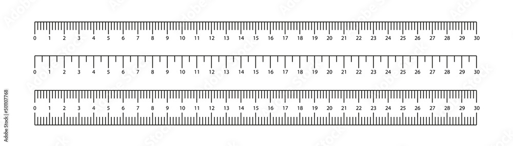 Set of ruler scale 30 cm. Centimeter, millimeter, inch and metric rulers.  Mmarking for ruler, measure on scale of centimeter, millimeter and inches,  marks for tape measure. Vector illustration Stock Vector