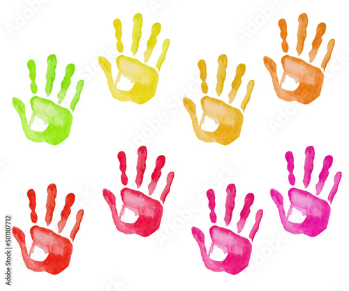 Watercolor illustration of hand painted colorful prints of hands of men, women, children. Human abstract palms. Isolated on white clip art elements for postcards, posters, banners. Childrens day © Olga Sidelnikova