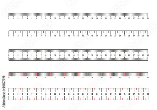 Set of ruler scale 30 cm. Centimeter, millimeter, inch and metric rulers. Mmarking for ruler, measure on scale of centimeter, millimeter and inches, marks for tape measure. Vector illustration