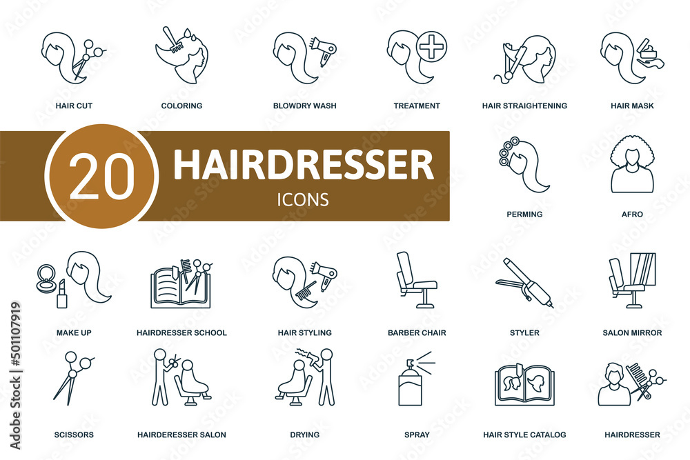 Hairdresser set icon. Contains hairdresser illustrations such as coloring, treatment, hair mask and more.