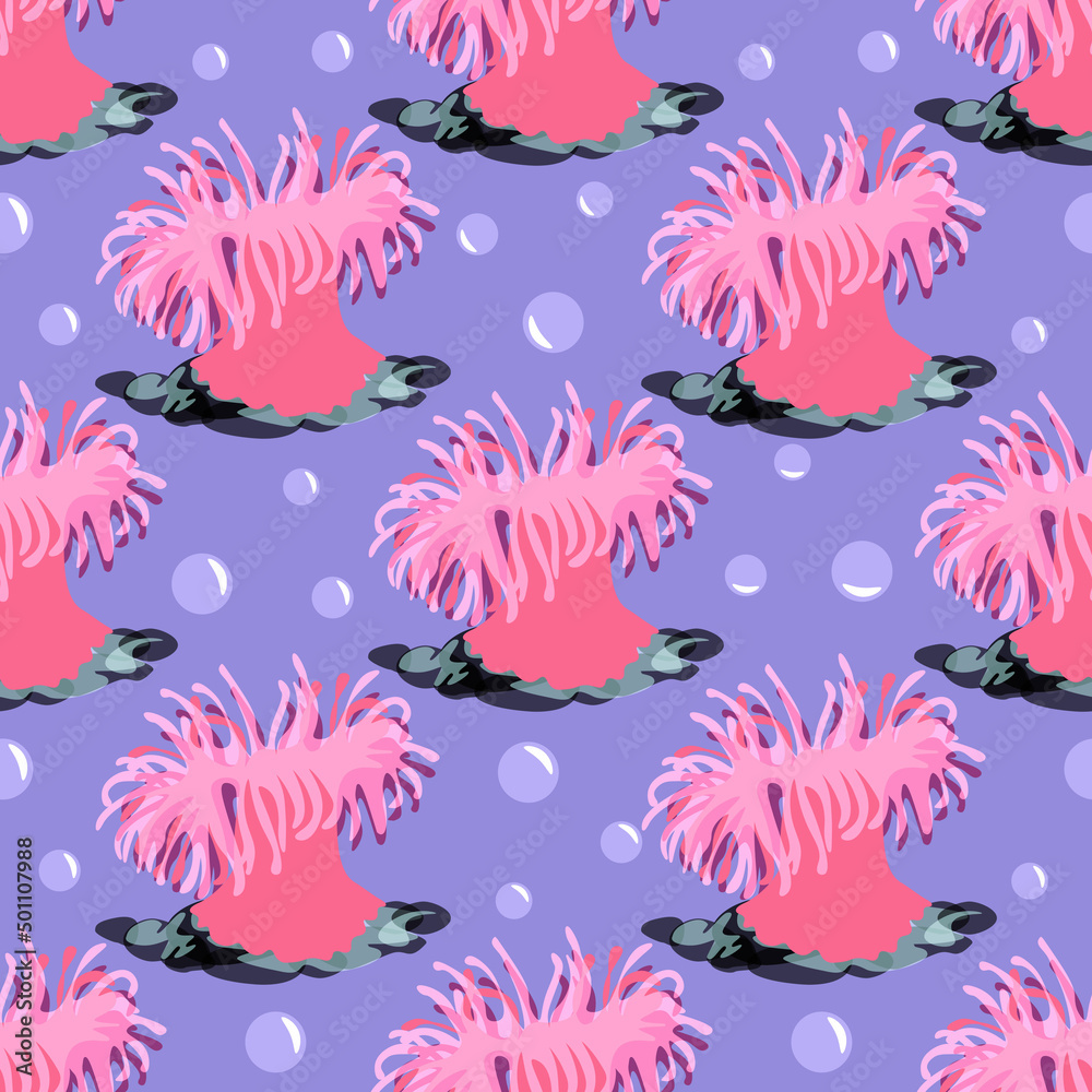 Vector print design. Seamless texture. Anemone sea pattern. Decorative textile pattern for fabric, paper, backgrounds. Pink anemone and bubbles undersea.