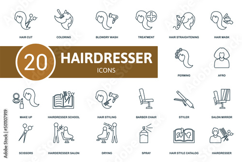 Hairdresser set icon. Contains hairdresser illustrations such as coloring, treatment, hair mask and more.
