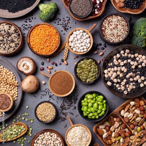 Variety of vegan, plant based protein food, legumes, lentils, beans