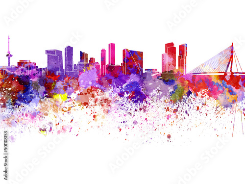Rotterdam skyline in watercolor on white background