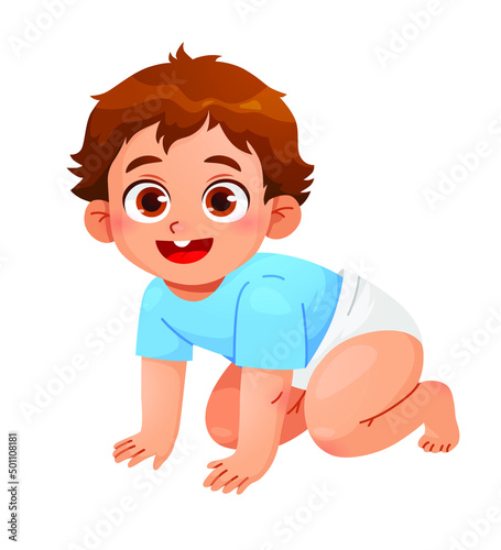 Smiling toddler boy sitting. Portrait of happy smiling kids. Colorful vector illustration on white background.  cute little baby boys in diaper. Active baby of 3-12 months. First year baby development