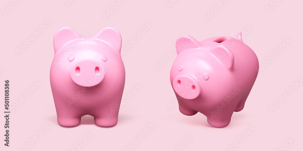 Realistic piggy bank. Pink pig isolated on white background. Piggy bank concept of money deposit and investment. Vector illustration
