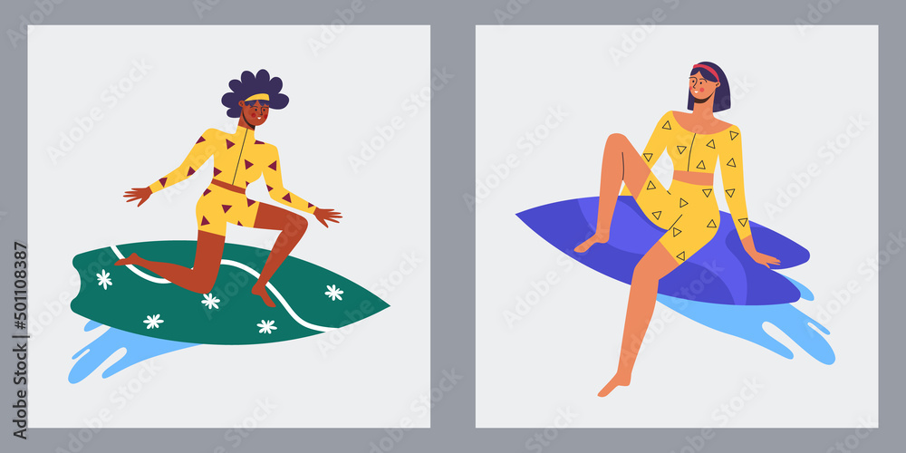 Active sport. Women are surfing. Vector illustration.