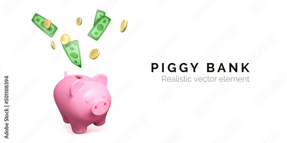 Pink piggy bank and falling green paper money and gol coins. Finance investment banner isolated on white background. Save money. Vector illustration - obrazy, fototapety, plakaty 
