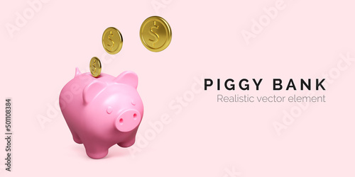 Piggy bank financial and business concept. Realistic pink pig with falling gold coin. Finance investment banner. Save money. Vector illustration
