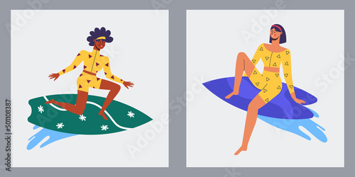 Active sport. Women are surfing. Vector illustration.