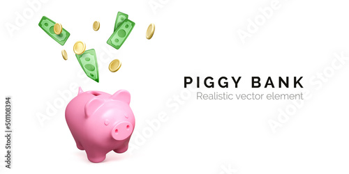 Pink piggy bank and falling green paper money and gol coins. Finance investment banner isolated on white background. Save money. Vector illustration