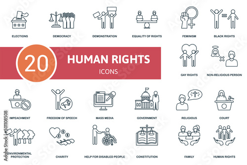 Human Rights set icon. Contains human rights illustrations such as democracy, equality of rights, black rights and more.