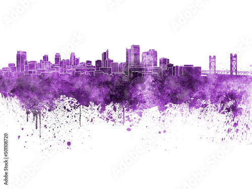 Sacramento skyline in purple watercolor on white background