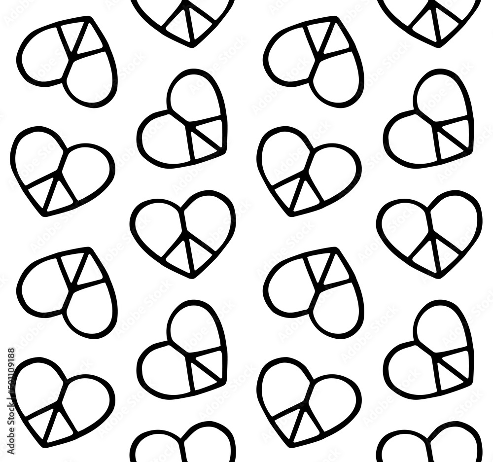 Vector seamless pattern of hand drawn sketch doodle heart peace sign isolated on white background Vector seamless pattern of hand drawn sketch doodle heart peace sign isolated on white background