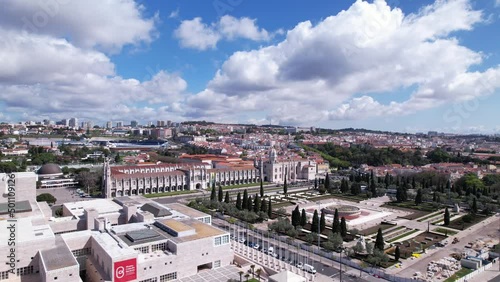 Lisbon, Portugal, April 24, 2022: DRONE AERIAL FOOTAGE: The Monastery of Jeronimos (or the Royal Monastery of Saint Mary of Belém), was founded by King D. Manuel I in the beginning of the 16th century photo