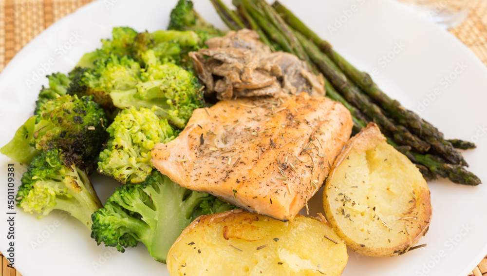 delicious dish of fried river trout fillet with garnish of broccoli, asparagus sprouts, baked potatoes and mushroom sauce delicious dish of fried river trout fillet with garnish of broccoli, asparagus sprouts, baked potatoes and mushroom sauce