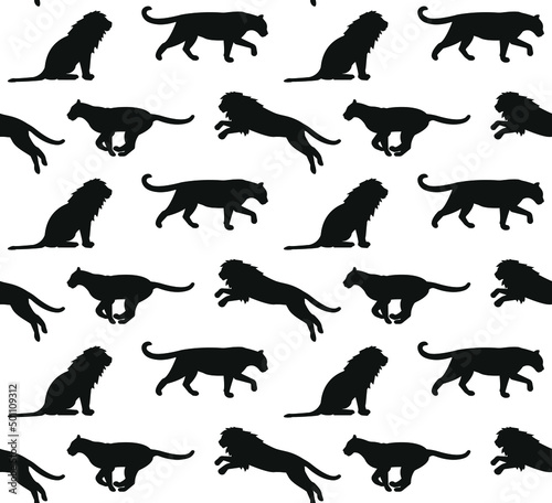 Vector seamless pattern of flat lions silhouette isolated on white background