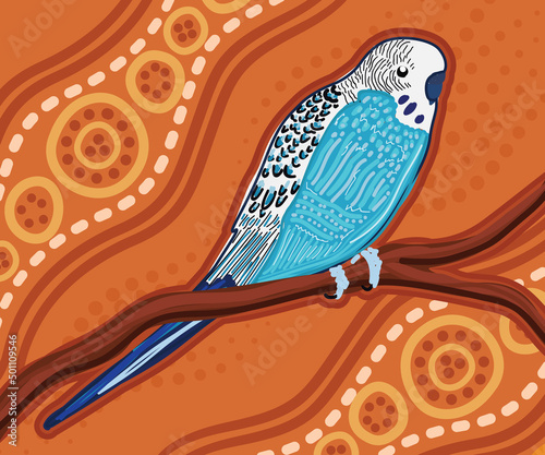 Blue budgie on tree aboriginal art