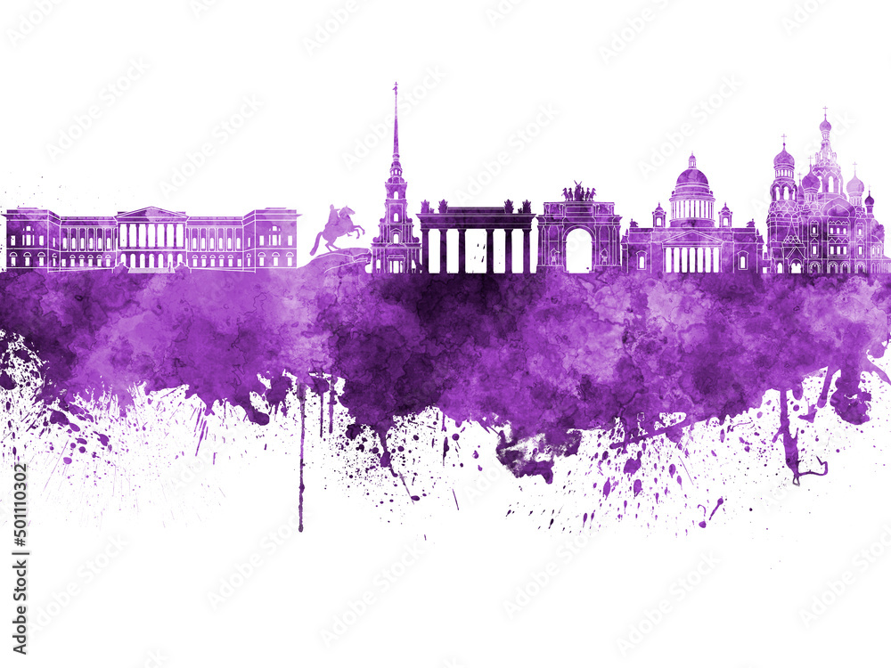 Saint Petersburg skyline in purple watercolor on white background