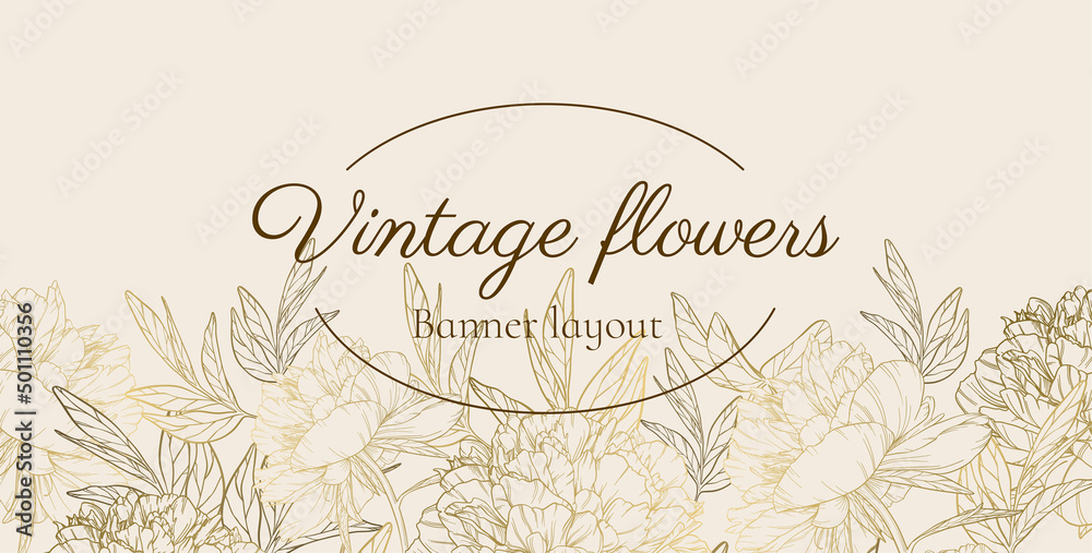 Vector light beige long horizontal banner with many large vintage blooming peony buds. Linear floral composition with golden gradient stroke. Elegant hand drawn illustration. Festive invitation layout Vector light beige long horizontal banner with many large vintage blooming peony buds. Linear floral composition with golden gradient stroke. Elegant hand drawn illustration. Festive invitation layout