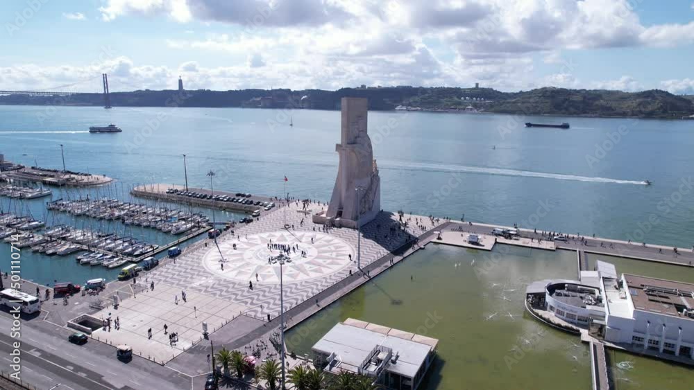 DRONE AERIAL FOOTAGE: The Padrao dos Descobrimentos (Monument to the Discoveries) is a monument on the bank of the Tagus River in Lisbon, Portugal.