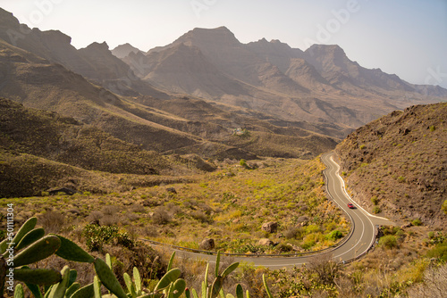 View of road and flora in mountainous landscape near Tasarte, Gran Canaria, Canary Islands photo