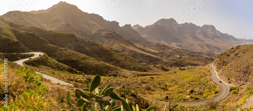 View of road and flora in mountainous landscape near Tasarte, Gran Canaria, Canary Islands