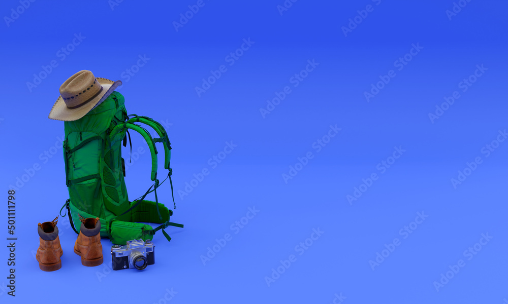 3d illustration, backpack, hat, boots, camera and copy space, 3d rendering. 3d illustration, backpack, hat, boots, camera and copy space, 3d rendering.