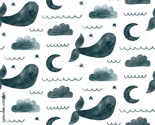 Watercolor blue whale and m...