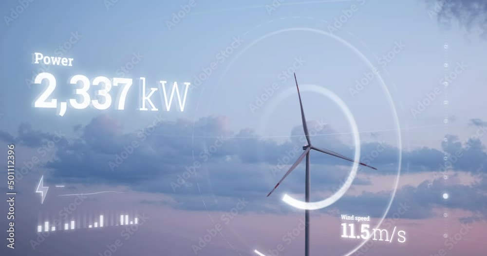 Wind turbine with motion graphics hud infographic animation. Power, wind speed hud 3d text animation. Technology visualization of air green power, clean renewable energy source. Windmill in open field