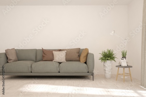 White living room with sofa. Scandinavian interior design. 3D illustration © AntonSh