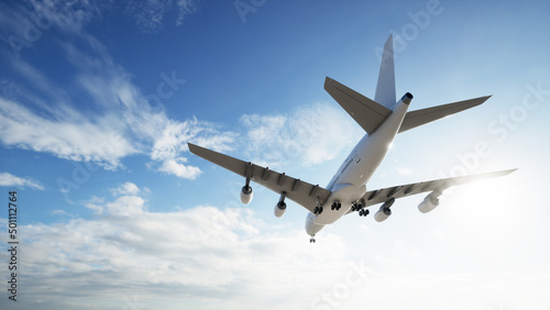 Conceptual flying white passenger jetliner or commercial plane after take off rising over a beautiful sky background. 3D illustration for jet transportation  travel industry or modern freedom concept