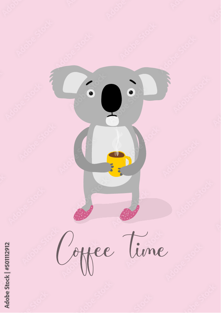 Fototapeta premium Vectorized illustration of a koala drinking coffee to stay awake with his eyes wide open on a pink background with white dots and is wearing slippers. Illustration made with plain colors