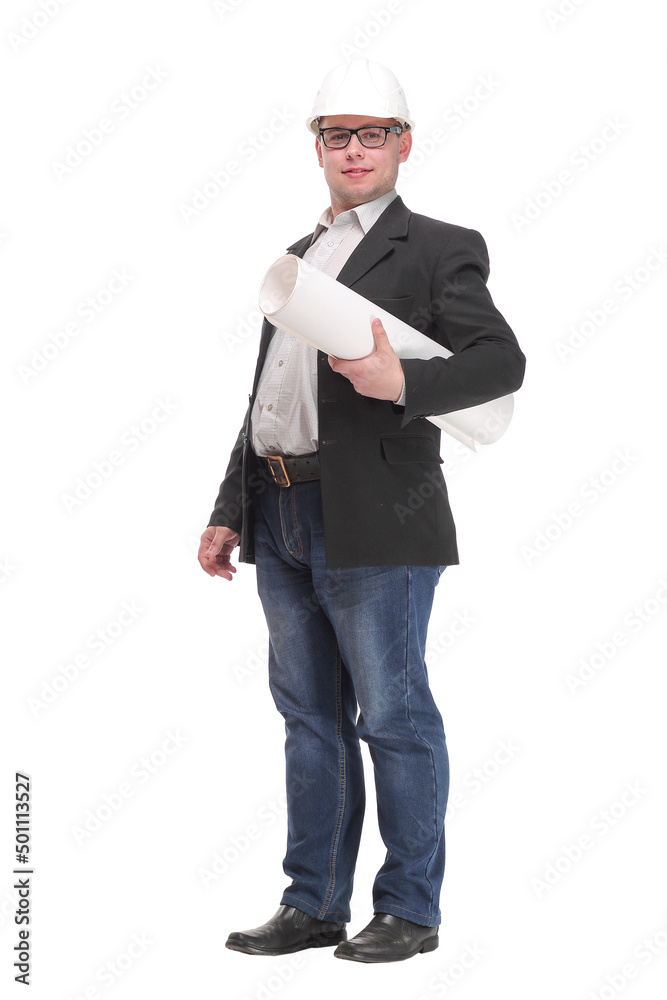Side view image of an architecture wearing white hard hat Side view image of an architecture wearing white hard hat