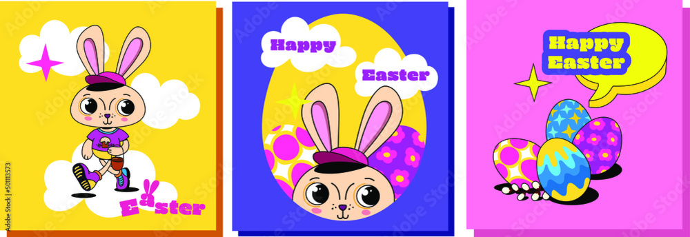 Fototapeta premium Set of postcards for Easter with cartoon bunny and painted eggs in trendy colors.