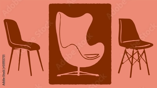 Famous furniture designs - chairs and armchair, hand drawn. Silhouettes retro style.