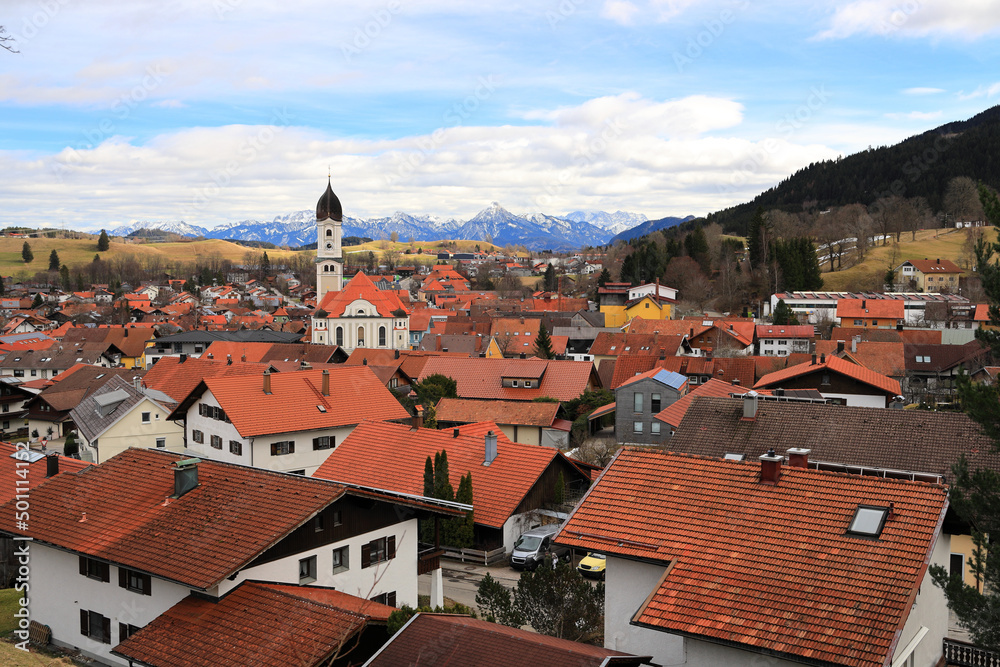 Top view of the village Nesselwang. The Alps. Bavaria, Germany, Europe.