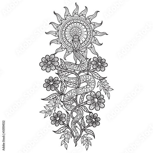Snake and sun hand drawn for adult coloring book