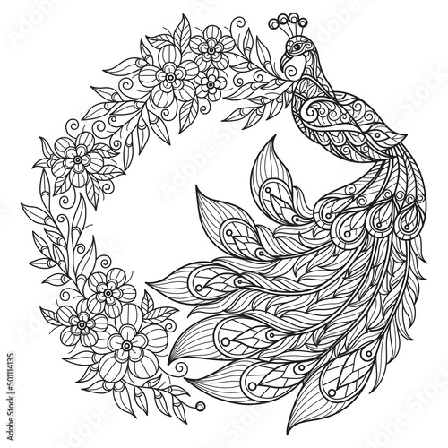 Peacock and wreath of flowers hand drawn for adult coloring book