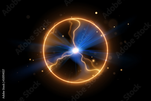 Blue and yellow light sphere on black background