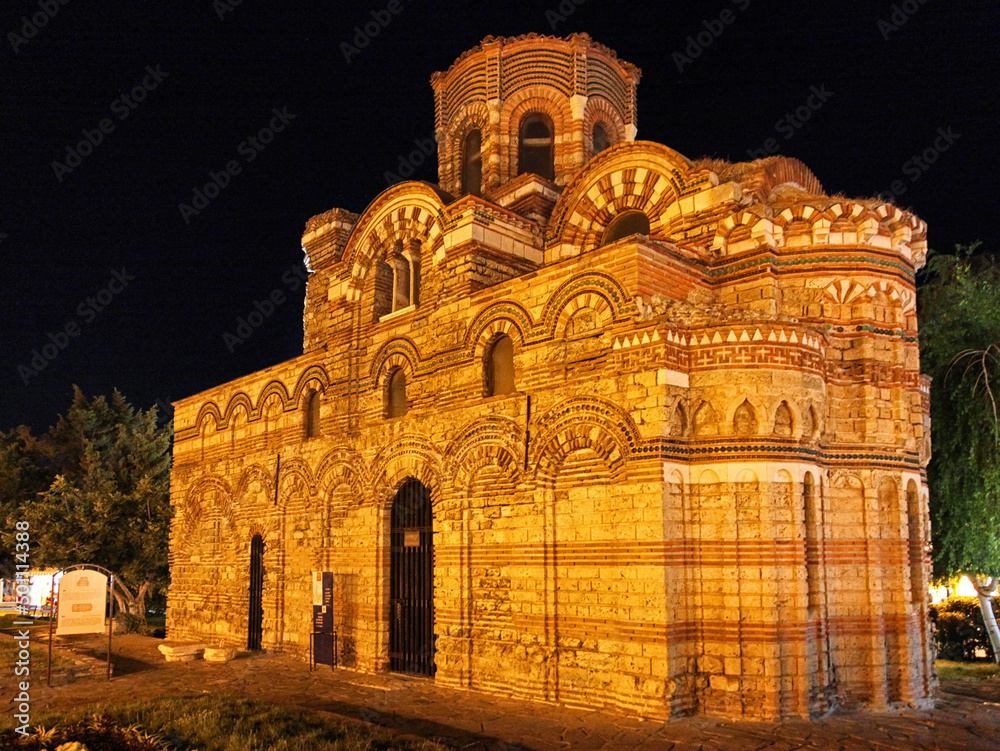 Historical Christ Pantocrator church in town Nessebar at night. Bulgaria