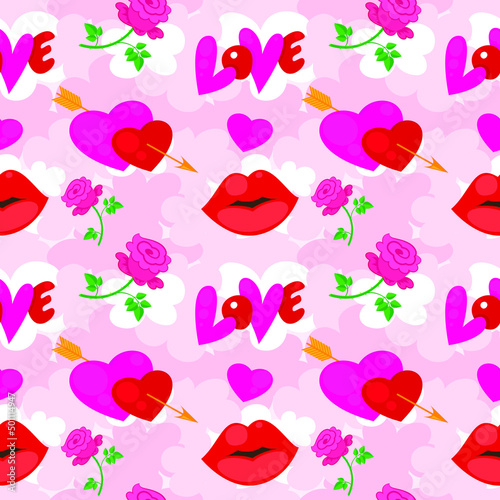 Romantic seamless pattern with hearts, lettering, roses and lips in pink. Bright background, vector illustration