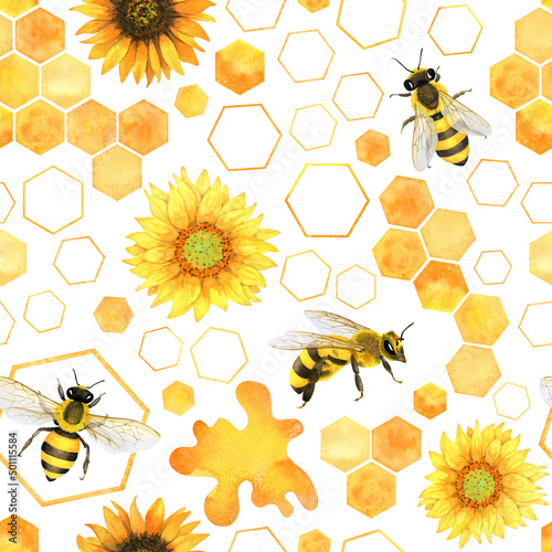 Fototapeta Naklejka Na Ścianę i Meble -  Honeybee seamless pattern with sunflowers, honeycombs, watercolor repeat pattern