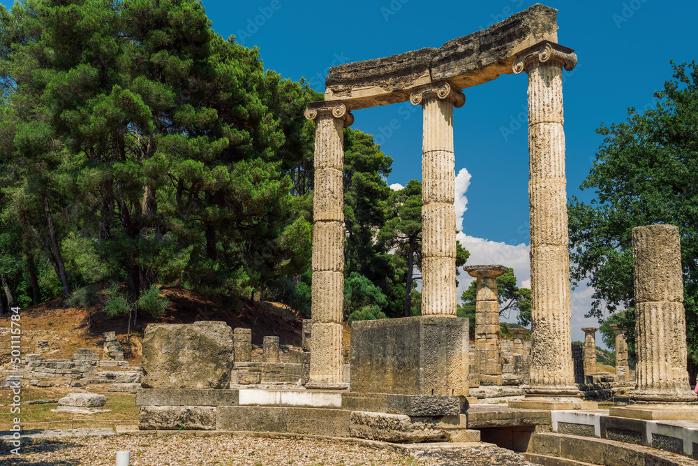 Ancient Olympia, archaeological site with Philippeion circular memorial columns, UNESCO World Heritage Site, Olympia Ancient Olympia, archaeological site with Philippeion circular memorial columns, UNESCO World Heritage Site, Olympia