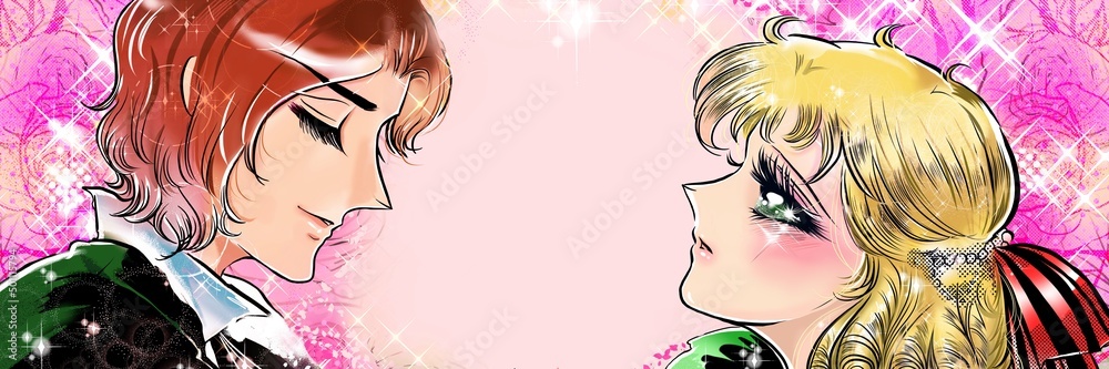 70年代少女漫画イケメン王子様からプロポーズされる金髪縦ロールでリボンをつけたお姫様のイラストと薔薇背景 Stock Illustration Adobe Stock