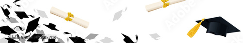 Horizontal Banner with Graduate Caps and Diplomas